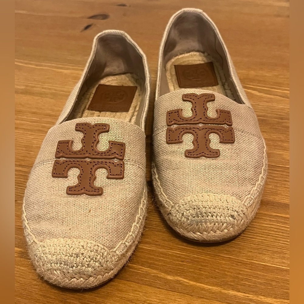 Tory Burch Tan Espadrille Shoes with Brown Logo